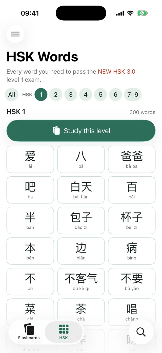 HSK 1 word list as a grid of characters